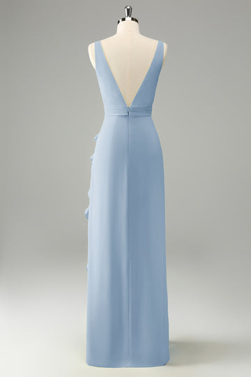 Dusty Blue Deep V Neck Ruffled Wedding Guest Dress with Slit